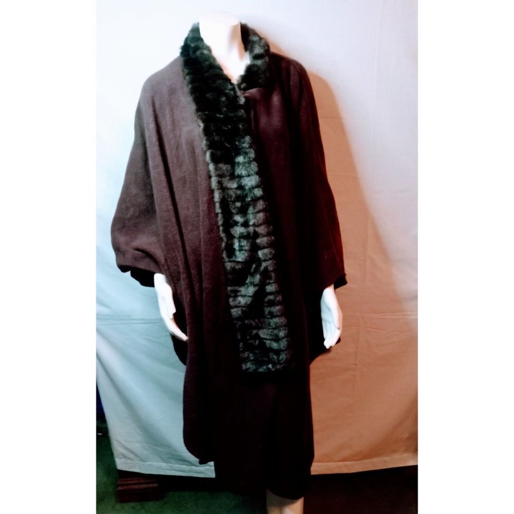East 5th Faux Fur Trim Fleece Ruana Wrap